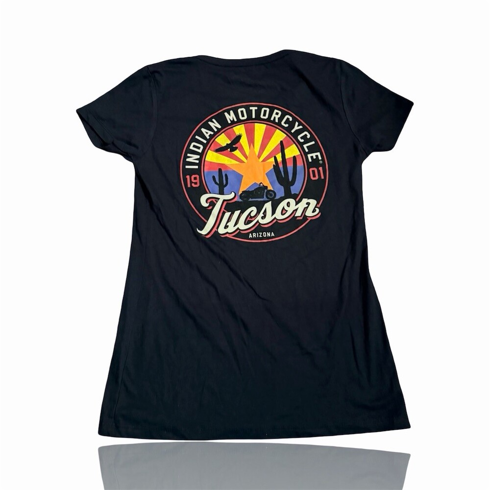 Indian Motorcycle T-Shirt Womens Large Navy Blue V-Neck Tucson AZ Front Logo Tee